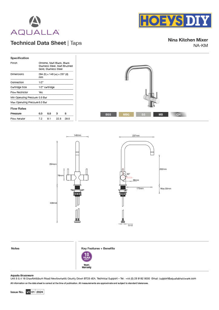 AQUALLA BRASSWARE NINA KITCHEN MIXER TAP