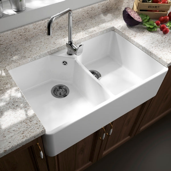 Sanindusa Ceramic White Belfast Double Bowl Farmhouse Sink
