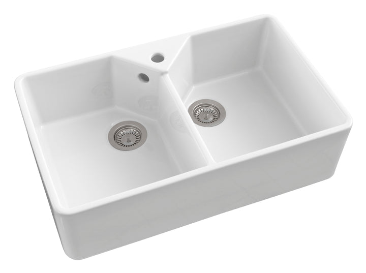 Sanindusa Ceramic White Belfast Double Bowl Farmhouse Sink