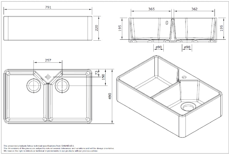 Sanindusa Ceramic White Belfast Double Bowl Farmhouse Sink