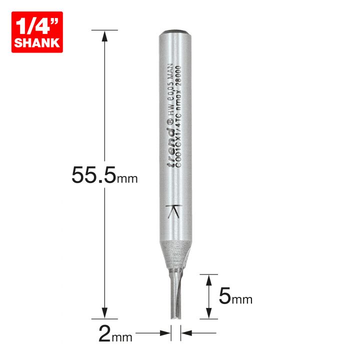 TREND CRAFT PRO 1/4in shank straight router cutter - 2mm diameter solid carbide insert