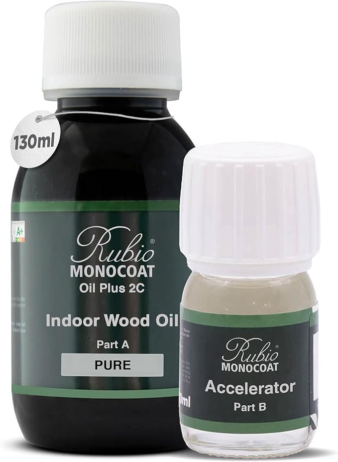 Rubio Monocoat Oil Plus 2C 130ml set in Pure, with oil and accelerator bottles

