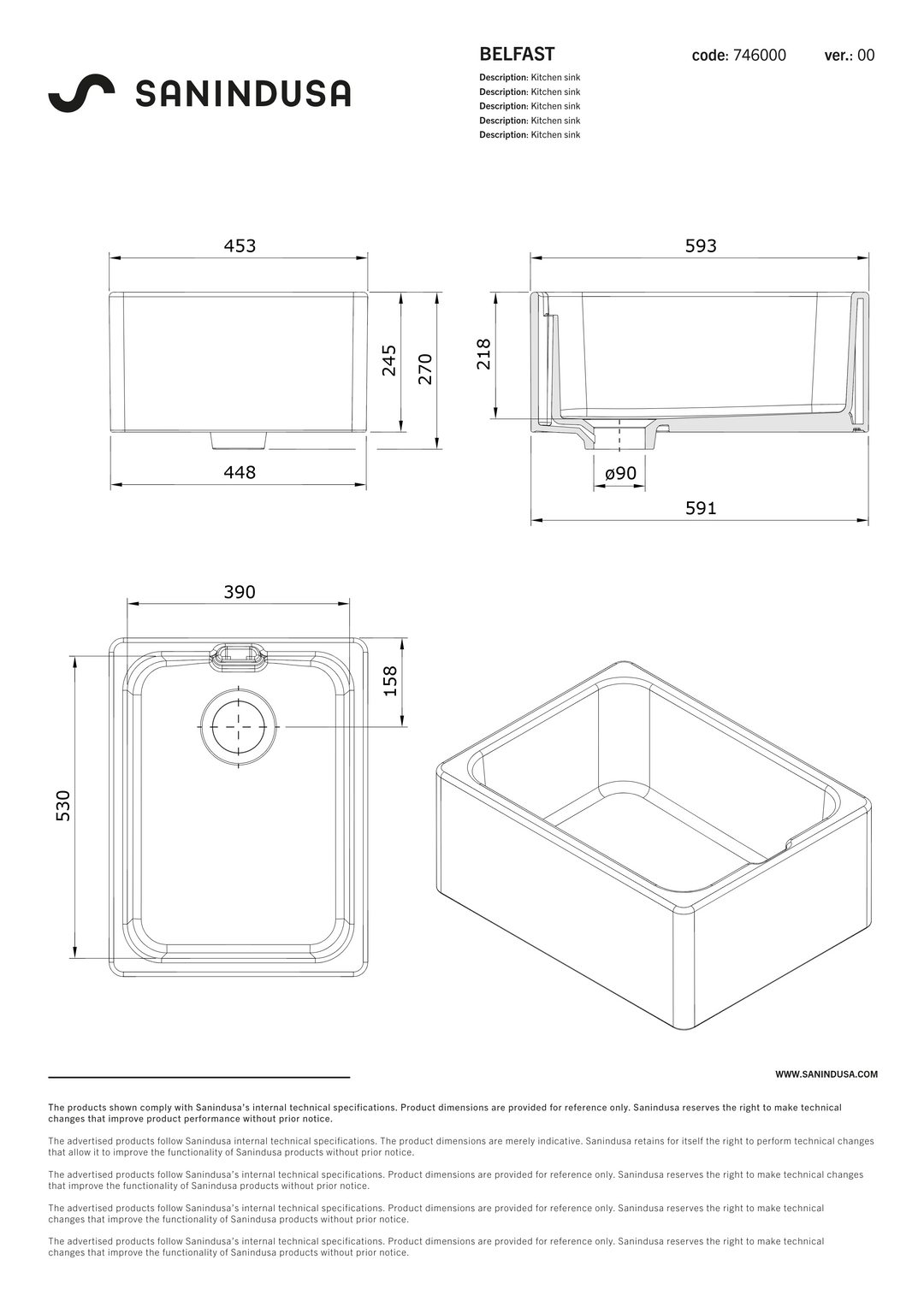 Sanindusa White Ceramic Belfast Sink