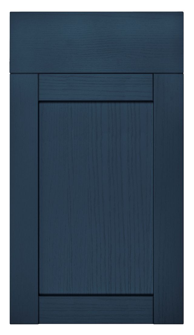 Blue cabinet door with a minimalist design on a white background