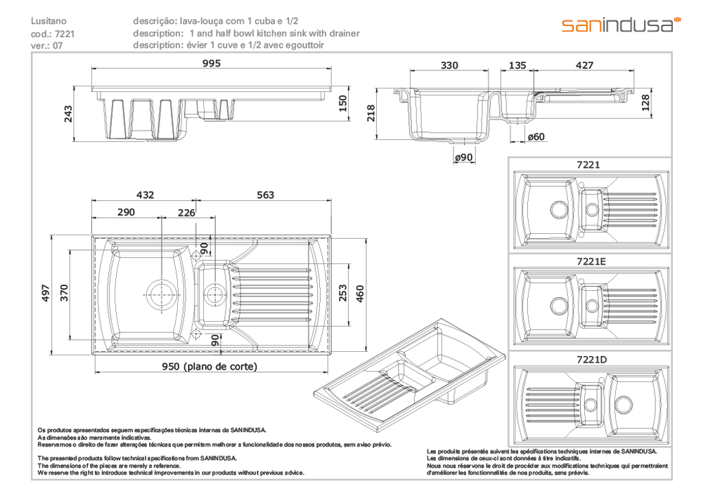 Sanindusa 1 1/2 bowl technical dimensions