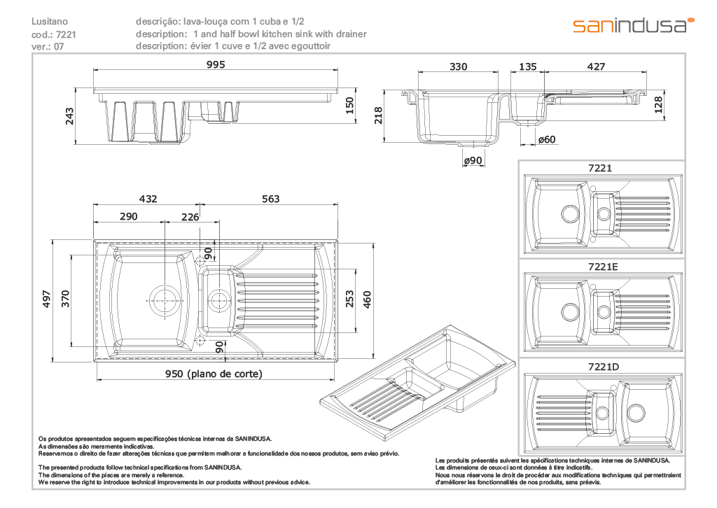 Sanindusa 1 1/2 bowl technical dimensions