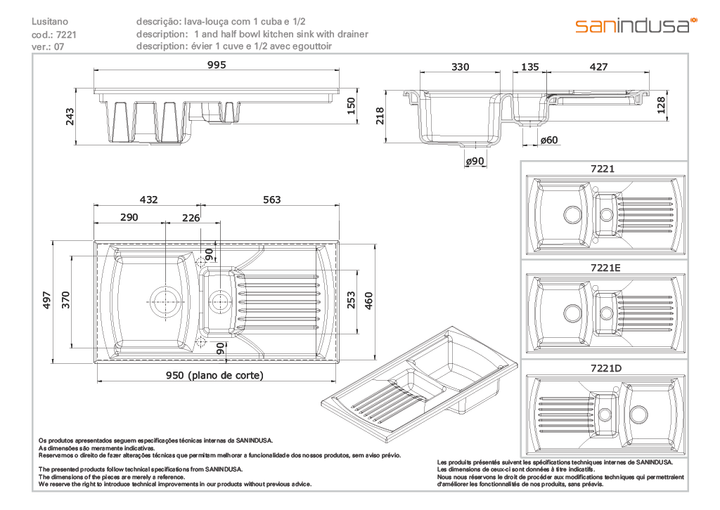 Sanindusa 1 1/2 bowl technical dimensions